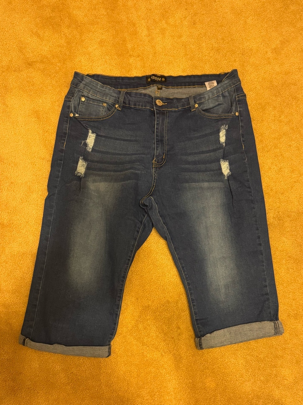 Dark Wash Rolled Hem Distressed Denim Bermuda capris